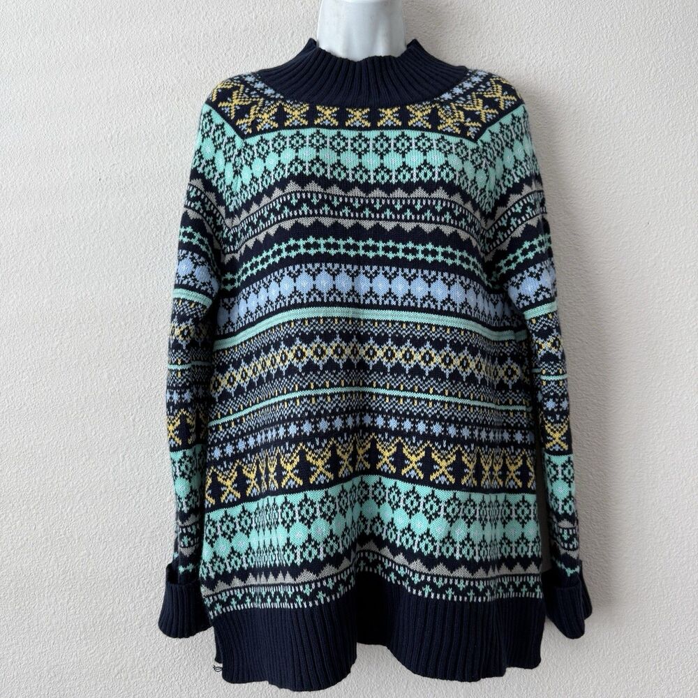 New York & Company Fair Isle Sweater M Womens Mock Neck Navy Mint Geometric